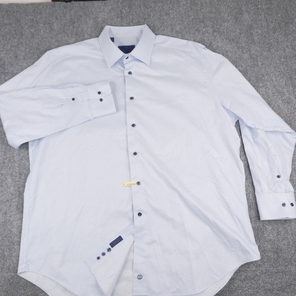 David Donahue Dress Shirt Men 18 34/35 Blue White Micro Check Cotton Long Sleeve